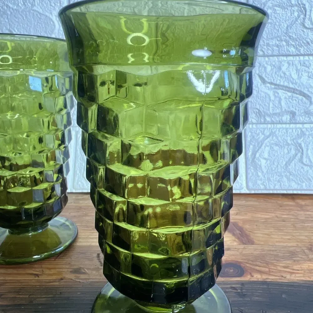 Whitehall Avocado Green Tumblers•MCM Cubist Glasses by Colony •Set of 3 •Vintage - Picture 8 of 10